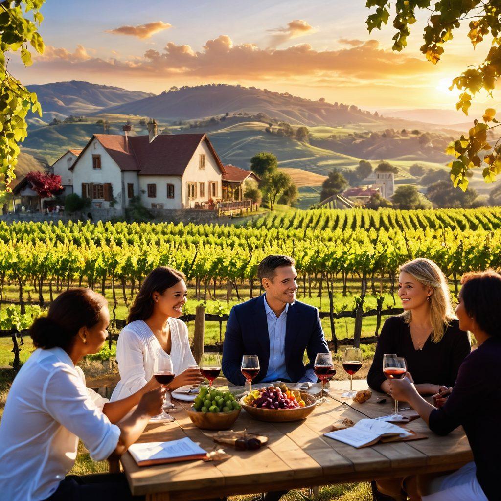A picturesque vineyard landscape, with rolling hills and vibrant grapevines under the golden sun. In the foreground, a diverse group of people enjoying a wine tasting, reflecting different cultures with traditional attire. Include a rustic wooden table filled with wine glasses and a variety of wines, with a soft focus on bottles highlighting unique labels. The background should feature a quaint winery building, and a serene sunset sky to create an atmosphere of warmth and camaraderie. super-realistic. vibrant colors. 3D.