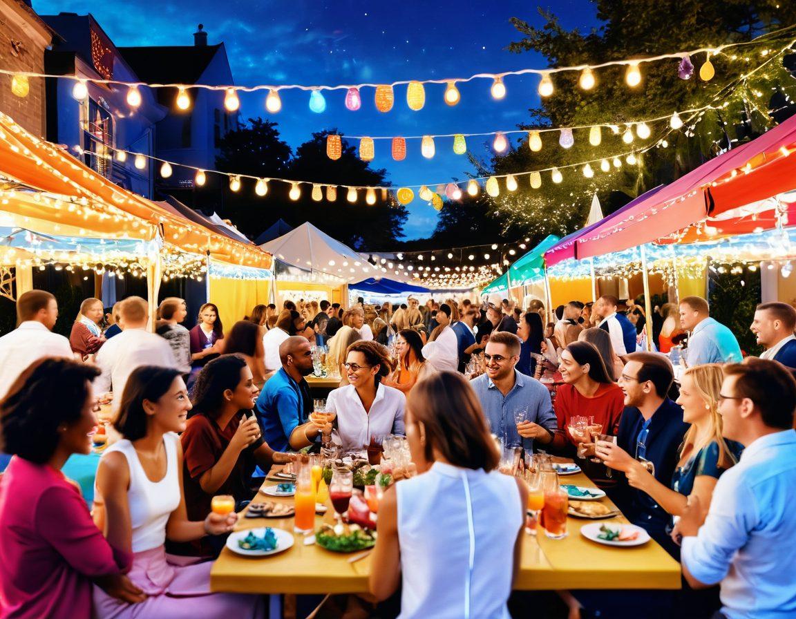 A vibrant outdoor tasting festival scene, featuring a diverse group of people sipping various drinks from elegant glasses, surrounded by colorful food stalls adorned with festive decorations. Include a backdrop of twinkling lights and banners, and showcase a large communal table with a gourmet spread. The atmosphere is joyous, with people laughing and celebrating together. bright colors. festive style. 3D.