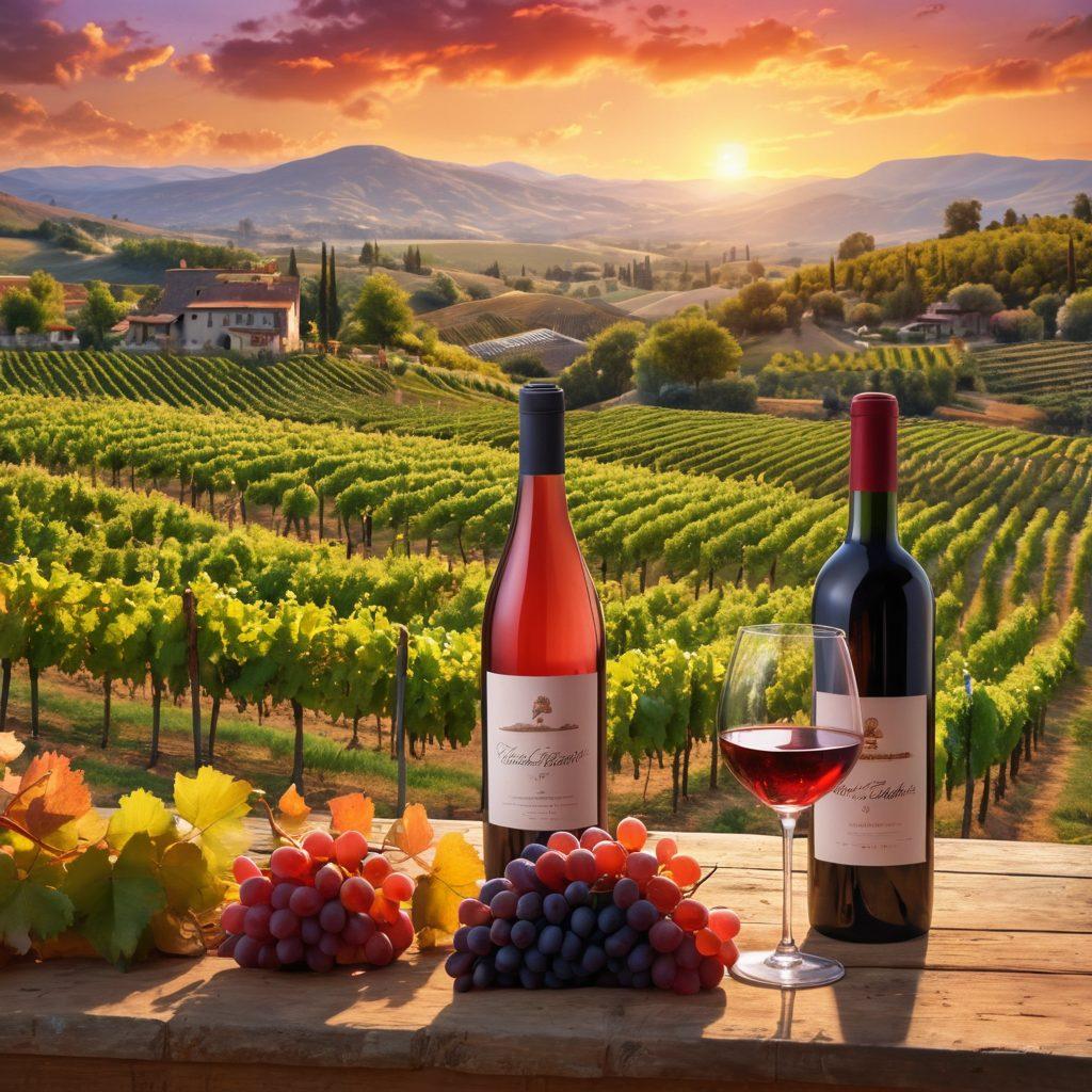 A picturesque vineyard landscape, with rolling hills covered in grapevines, a charming rustic winery in the background, and tourists enjoying a wine tasting event. Include a close-up of various wine bottles and glasses filled with red, white, and rosé wines, and a vibrant sunset sky casting warm hues over the scene. super-realistic. vibrant colors. 3D.
